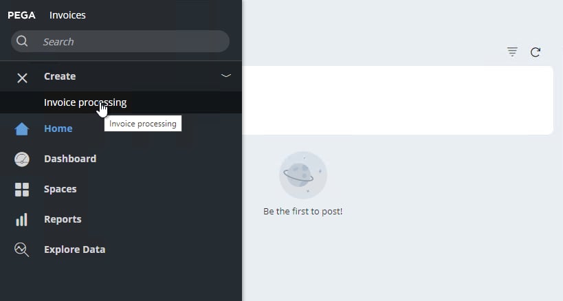 Pega User Portal で新しい Invoice processing Caseを作成している画面