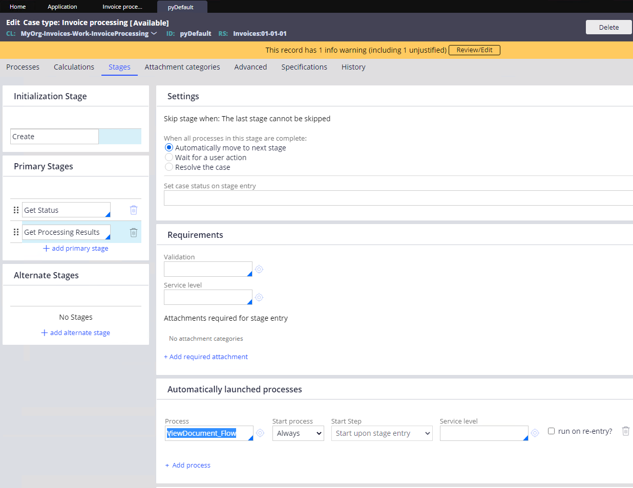 ViewDocument_Flow が選択された Get Processing Results プライマリステージ