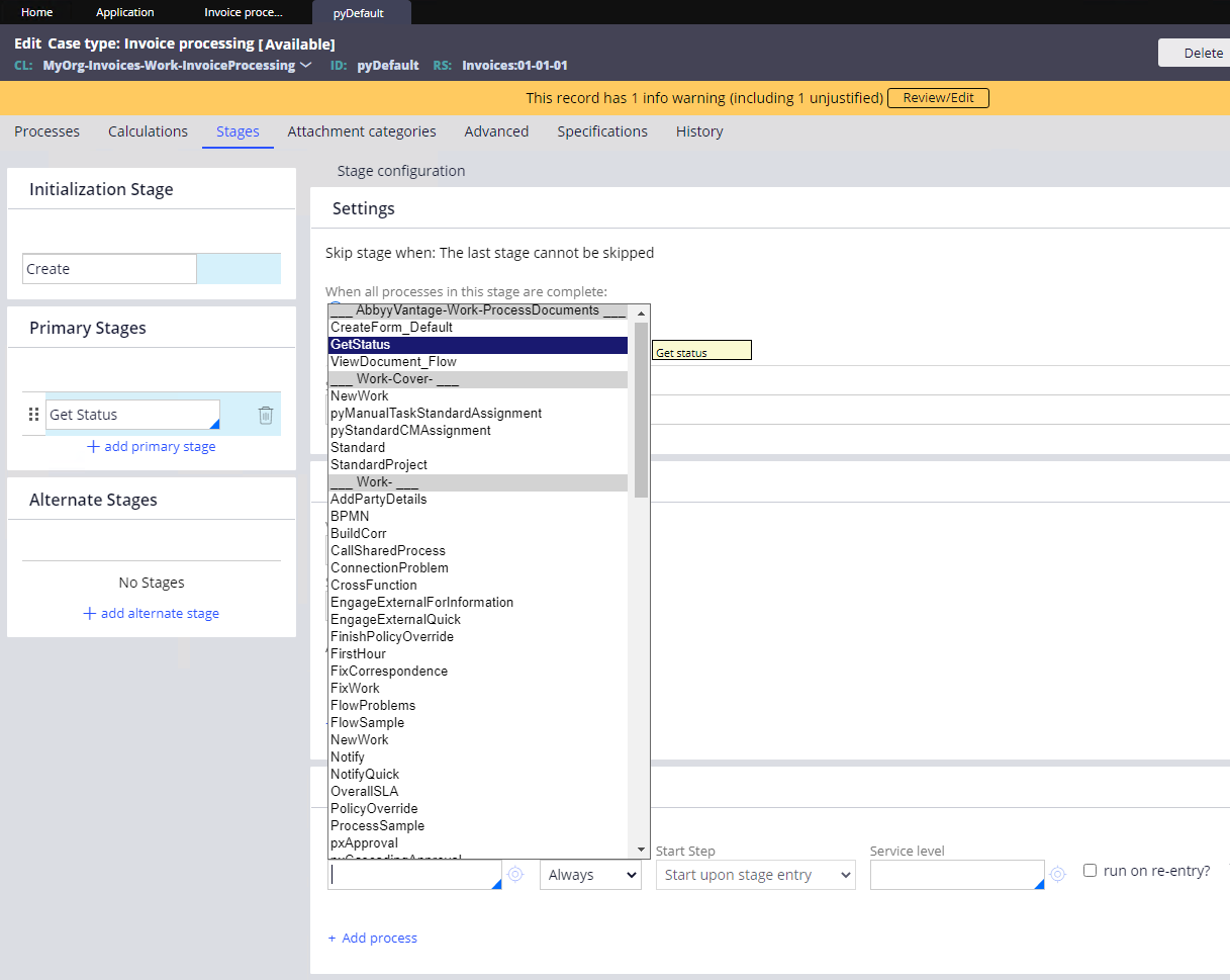 Automatically launched processes で GetStatus が選択された Get Status プライマリステージ