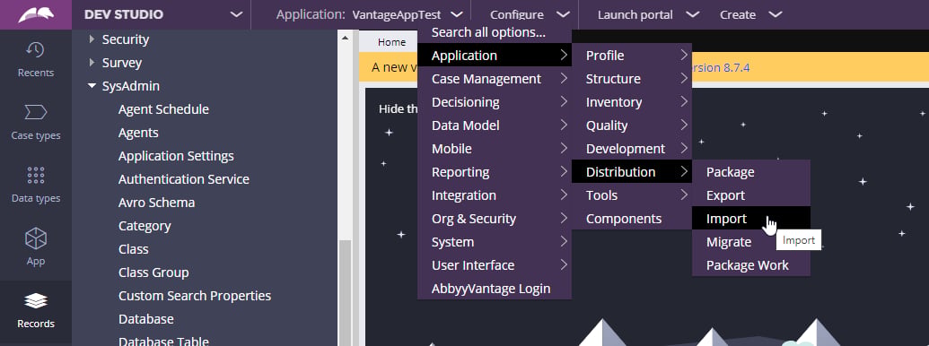 Configure、Application、Distribution、Import から起動した Pega Dev Studio のインポートウィザード