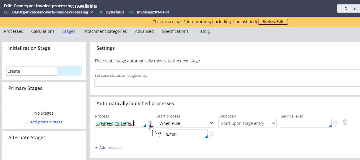 Create プロセスと Automatically launched processes の一覧が表示された Initialization Stage