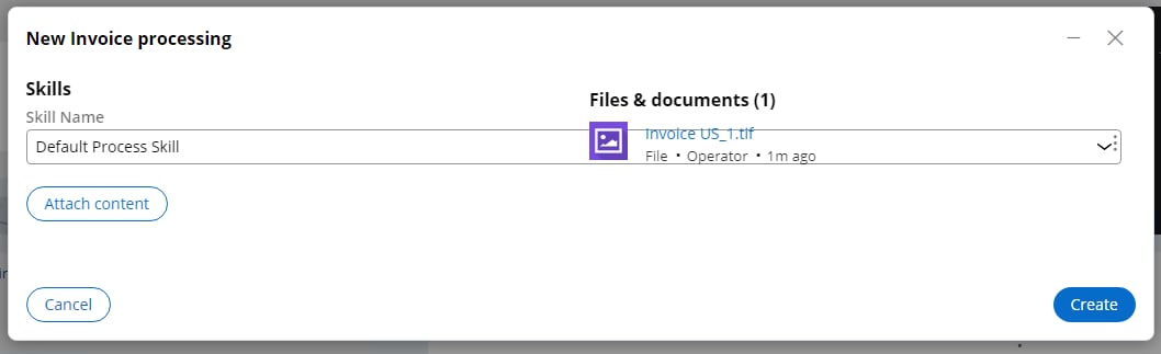 Skill Name が Default Process Skill に設定され、Invoice US_1.tif がアップロードされた新しい Invoice processing ウィンドウ