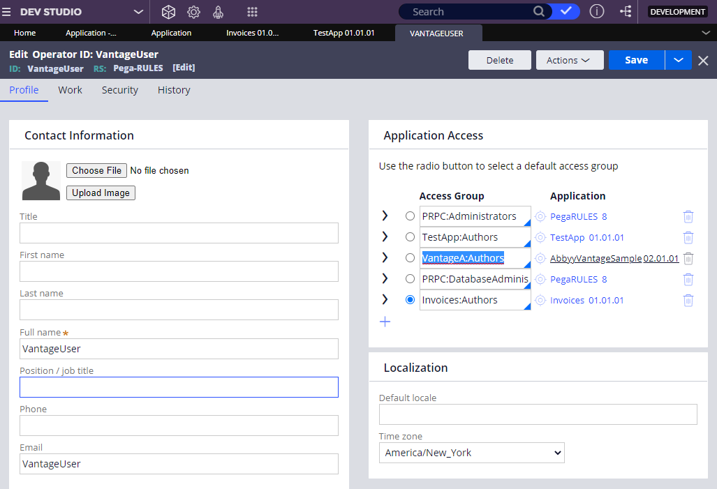 VantageA:Authors アクセスグループが追加された Application Access セクション