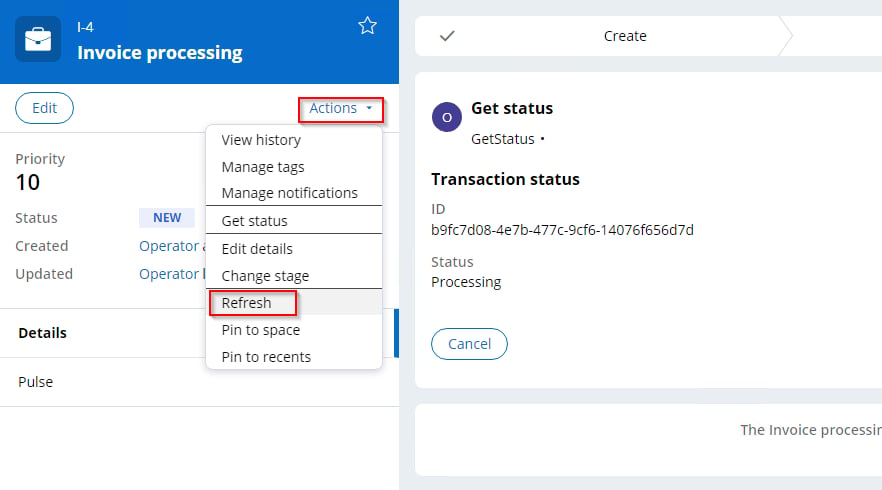 Get Status ステージで Refresh オプションが表示された操作メニュー
