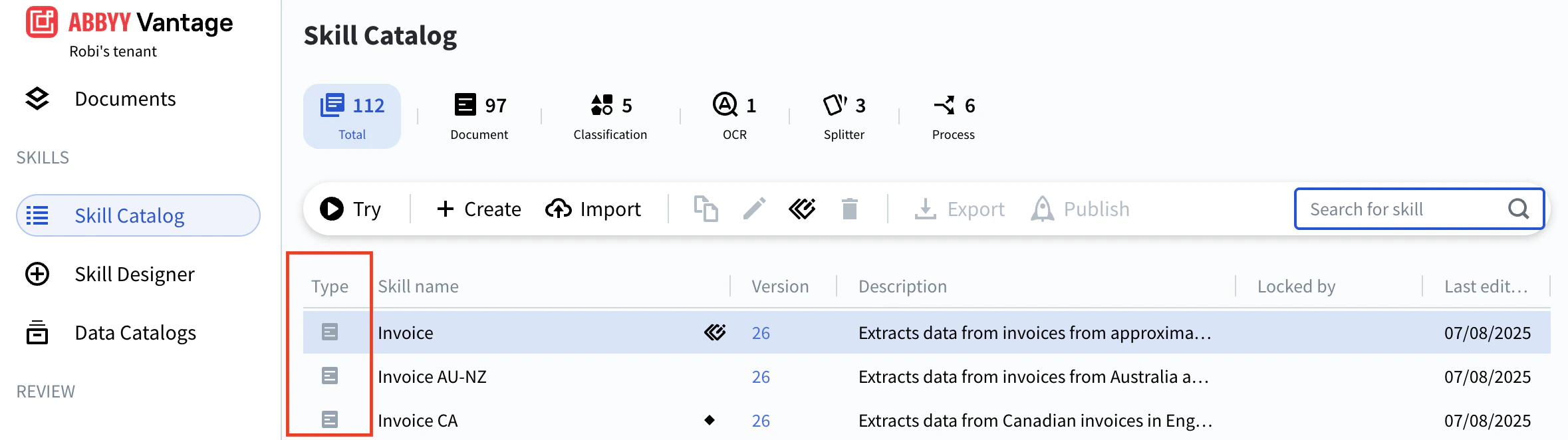 Search bar in the Skill Catalog toolbar with matching skills listed below