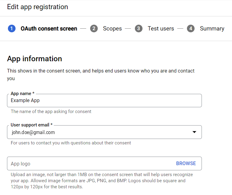 OAuth consent screen App information form with app name and user support email fields