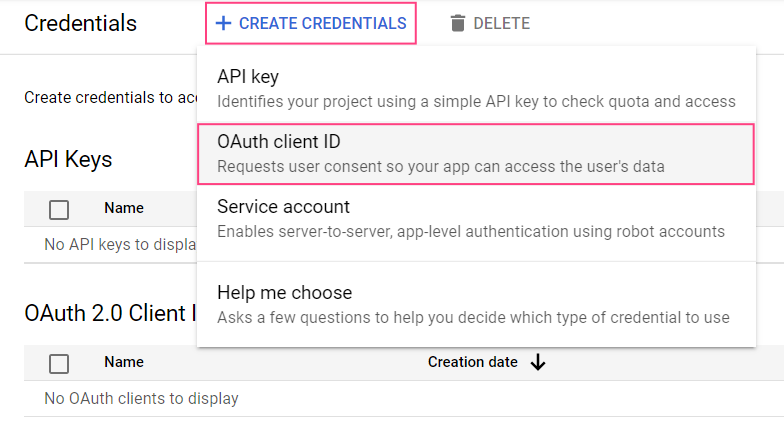 Create credentials dropdown menu showing OAuth client ID option