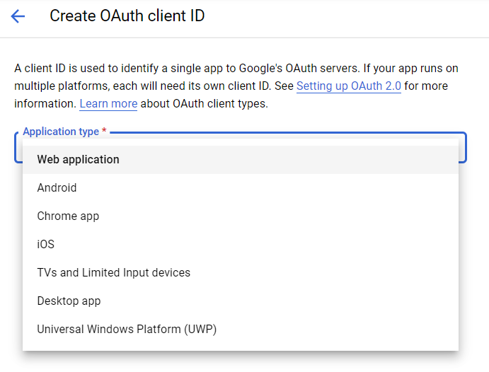 Create OAuth client ID form with Application type dropdown showing Web application