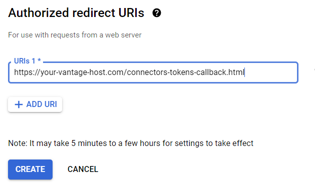 Redirect URI field with Vantage callback URL and CREATE button