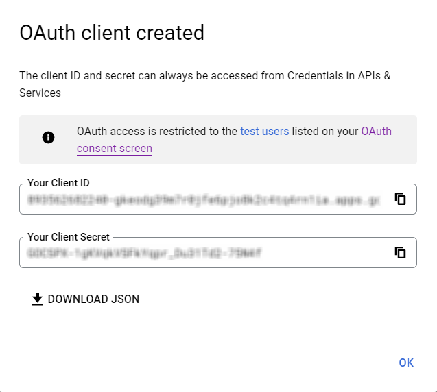 OAuth client created dialog showing Client ID and Client secret values
