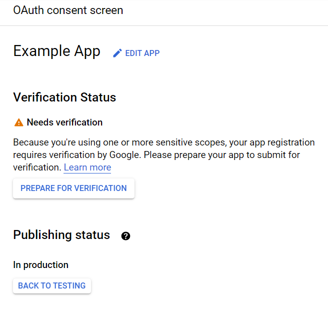 OAuth consent screen showing In Production status with verification warning and Prepare for Verification button
