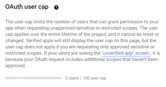 OAuth user cap showing 0 users out of 100 user cap