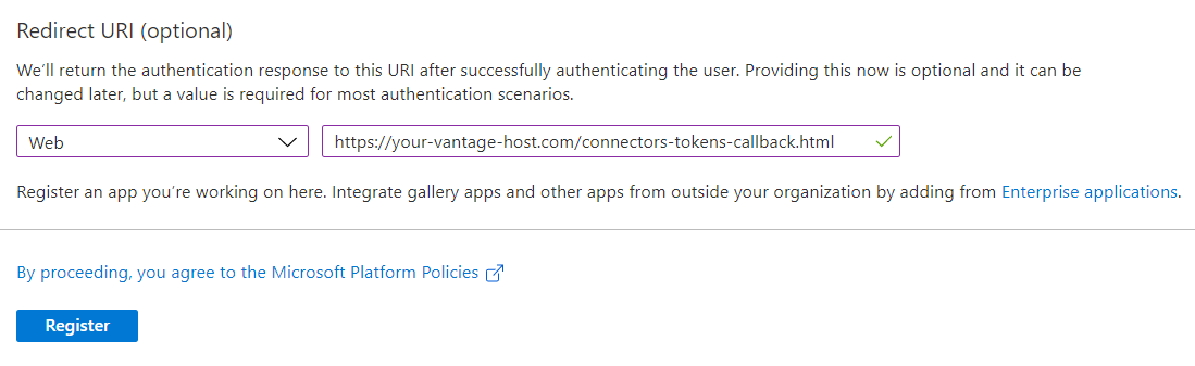 Azure Redirect URI section with Web platform selected