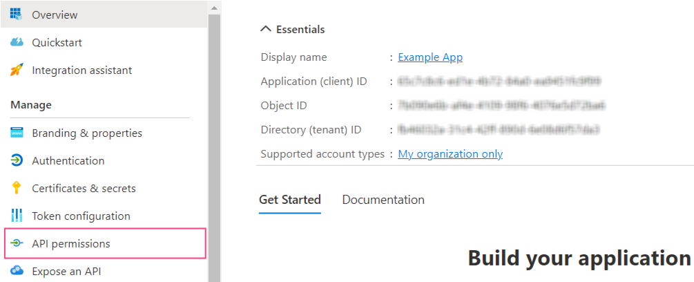 Azure portal sidebar showing API permissions menu option highlighted
