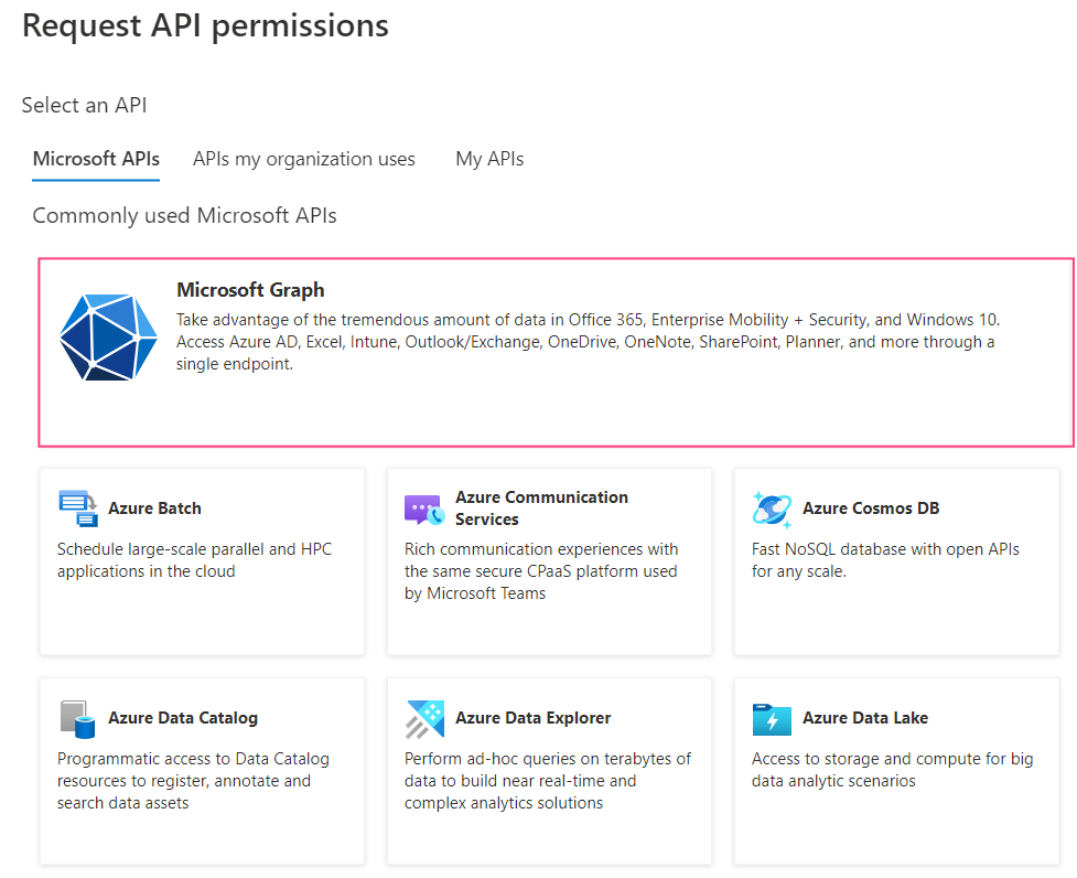 Request API permissions dialog showing Microsoft Graph option highlighted