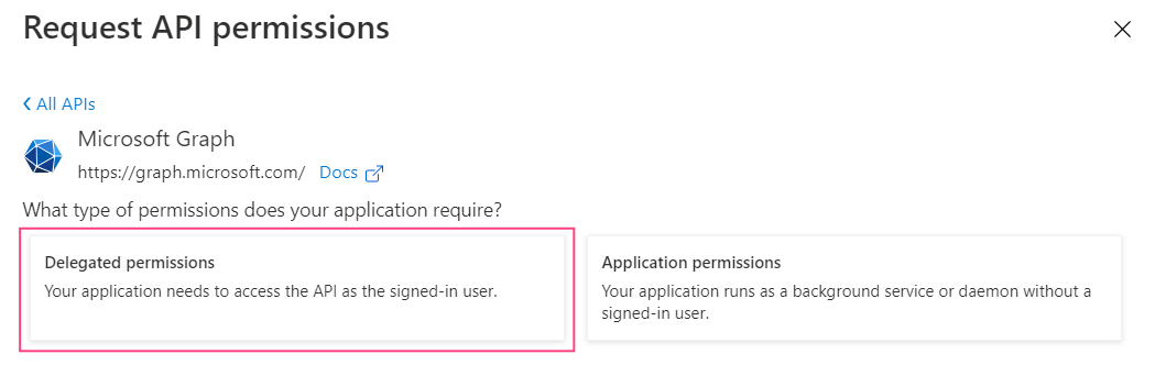 Microsoft Graph permissions dialog showing Delegated permissions option selected