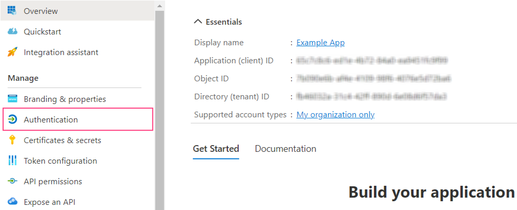 Azure portal sidebar showing Authentication menu option highlighted
