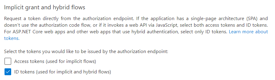 Implicit grant and hybrid flows section with ID tokens checkbox