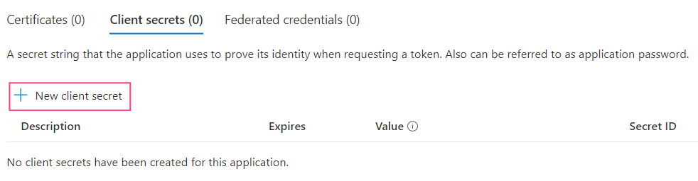 Certificates & secrets tab showing New client secret button