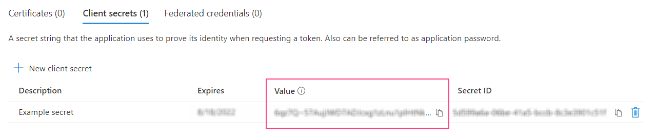 Client secrets list showing the secret Value column highlighted