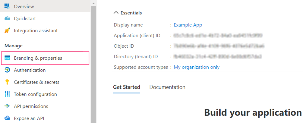 Azure portal sidebar showing Branding & properties menu option highlighted