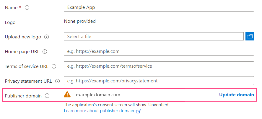 Azure Branding & properties page showing Publisher domain field with Update domain option