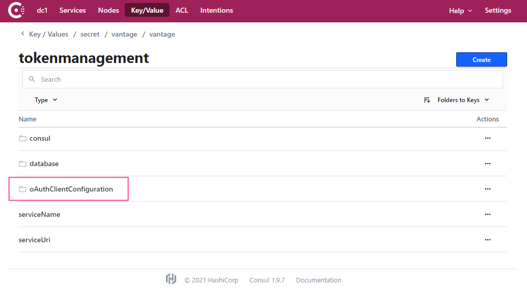 Consul tokenmanagement service showing oAuthClientConfiguration section
