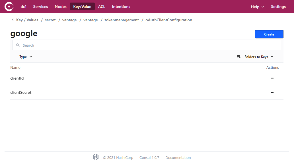 Consul oAuthClientConfiguration section showing google service with clientId and clientSecret keys