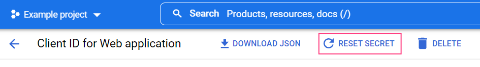 Google Cloud OAuth client details showing Reset Secret button