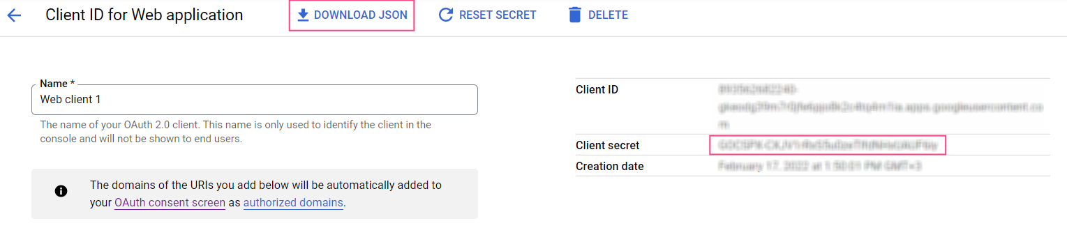 Google Cloud OAuth client details showing Download JSON button and Client secret field