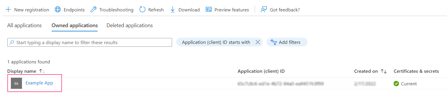 Azure App registrations page showing Owned applications list with Example App