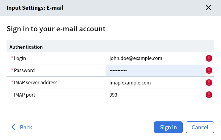 Erro de Entrada de E-mail do Processo