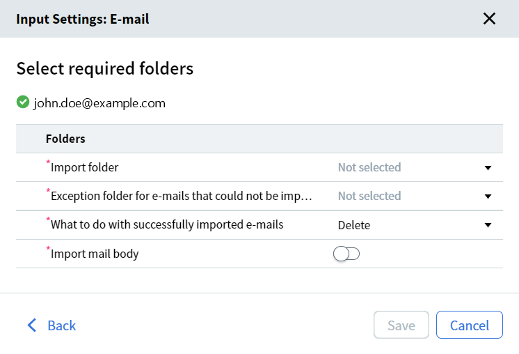 Pastas de Entrada de E-mail do Processo