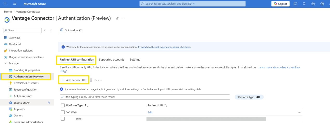 Screenshot of the Microsoft Azure app registration Authentication page with the Redirect URI configuration tab and the Add Redirect URI button highlighted.