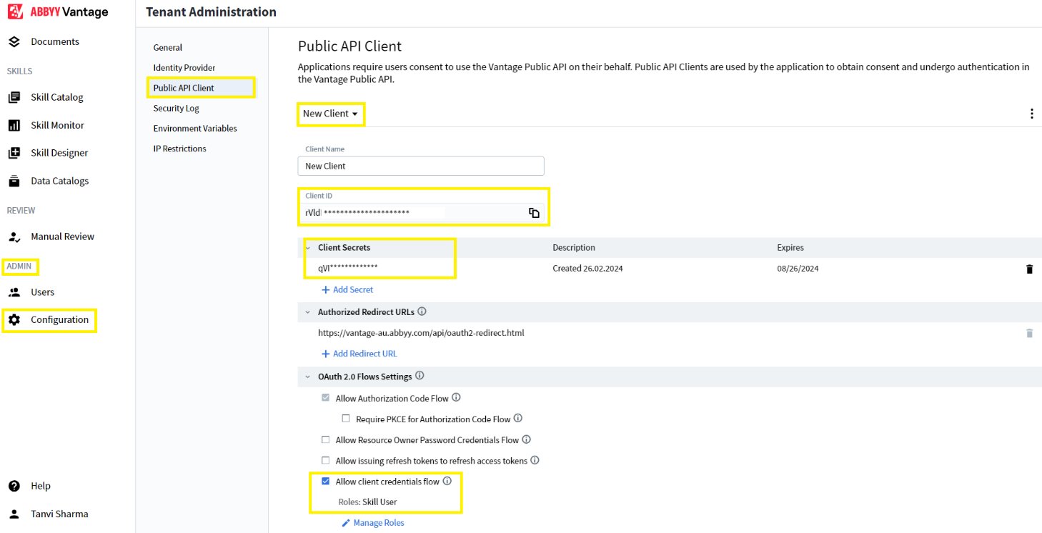 Screenshot of the ABBYY Vantage Public API Client page under Admin and Configuration, with the Client ID, Client Secrets, and the Allow client credentials flow option (Roles: Skill User) highlighted.