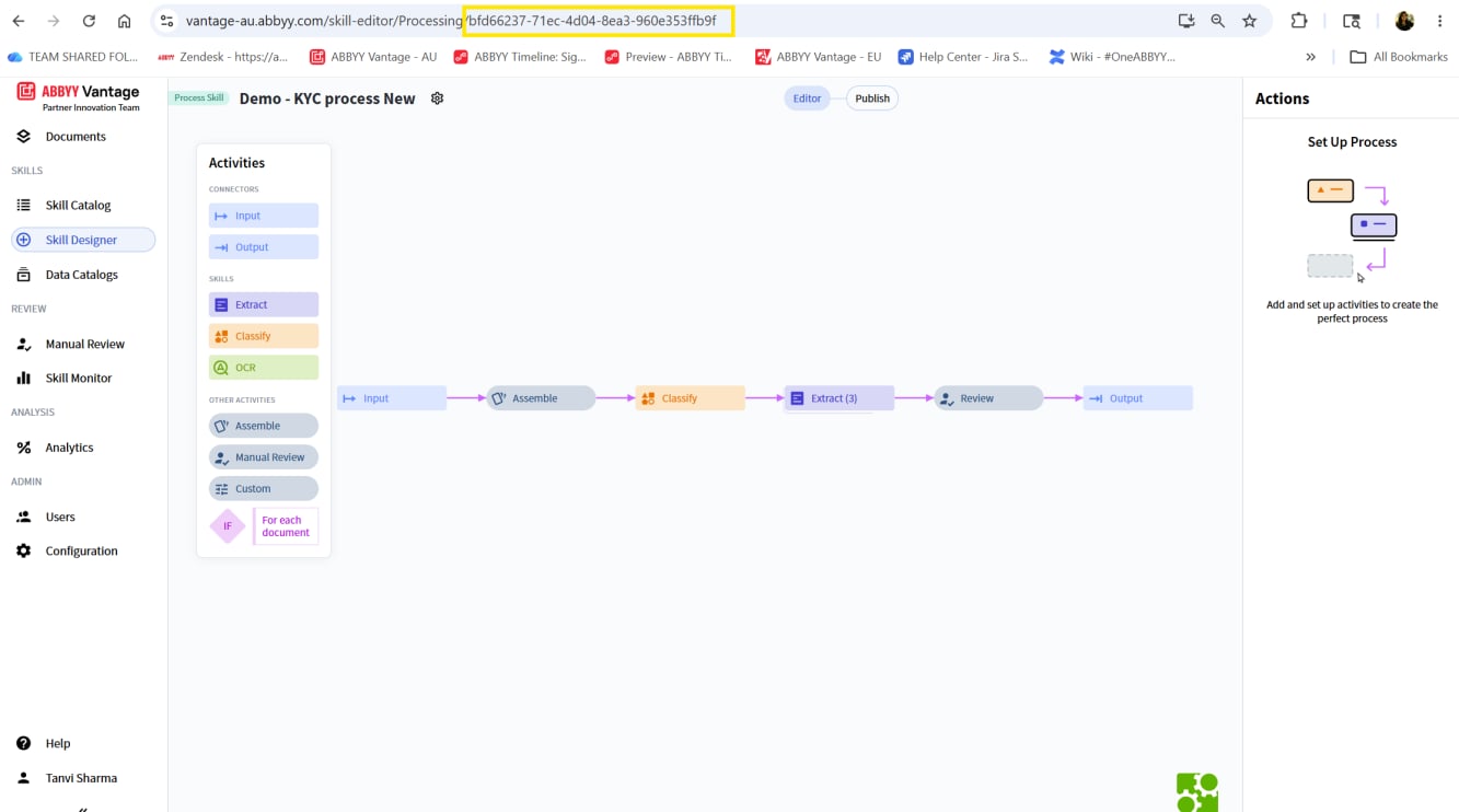 Screenshot of the ABBYY Vantage Skill Designer with the Skill ID portion of the browser address highlighted.
