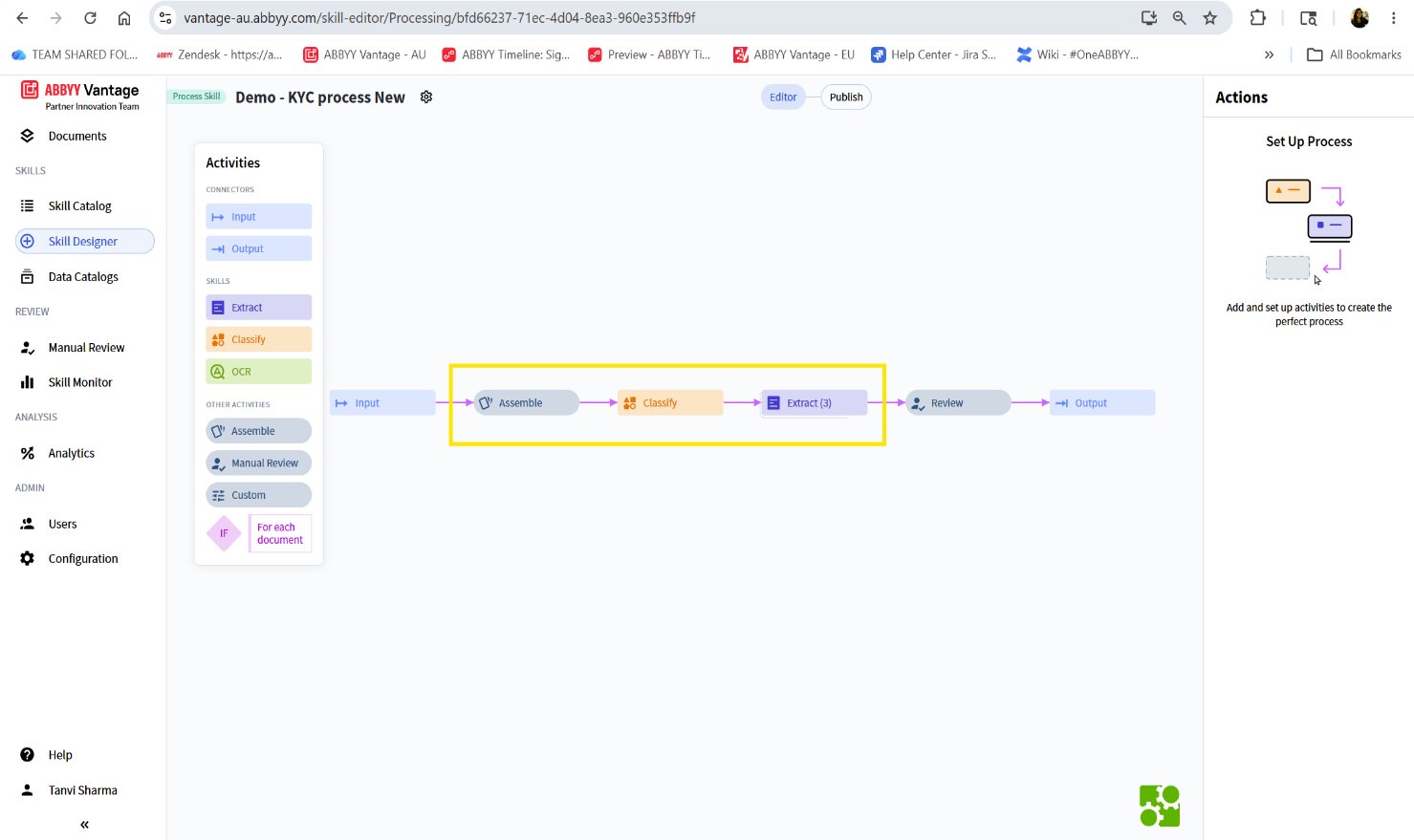 Screenshot of a Process Skill in the ABBYY Vantage Skill Designer with the Assemble, Classify, Extract, and Review activities highlighted.
