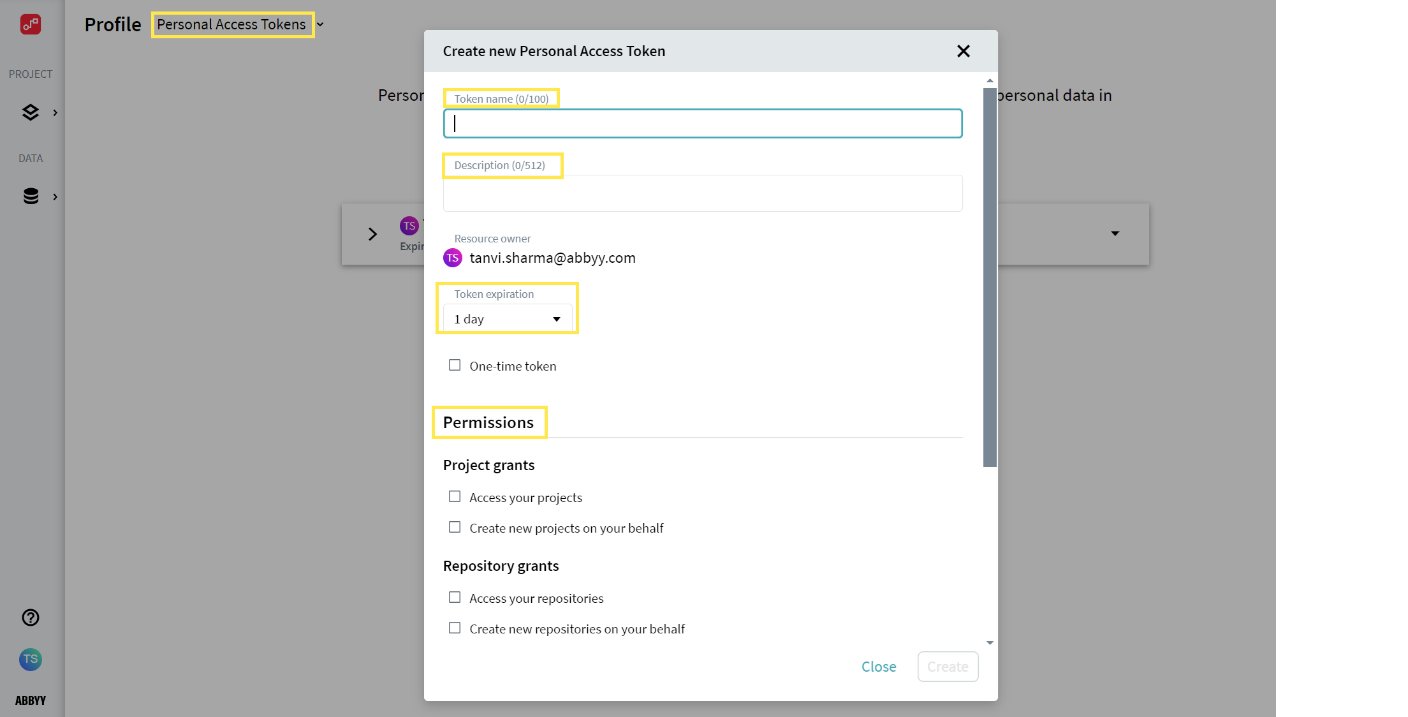 Screenshot of the Create new Personal Access Token dialog in ABBYY Timeline, with the Token name, Description, Token expiration, and Permissions fields highlighted.