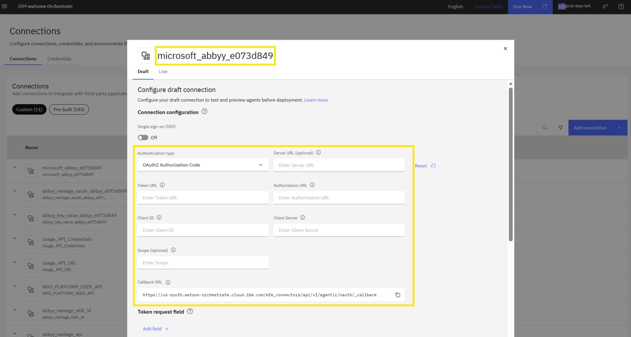 Screenshot of the Microsoft Graph connection in IBM watsonx Orchestrate, showing the OAuth2 Authorization Code fields and the generated Callback URL.