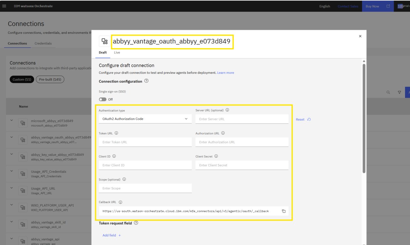 Screenshot of the abbyy_vantage_oauth connection in IBM watsonx Orchestrate, showing the OAuth2 Authorization Code fields for Server URL, Token URL, Client ID, and Client Secret.