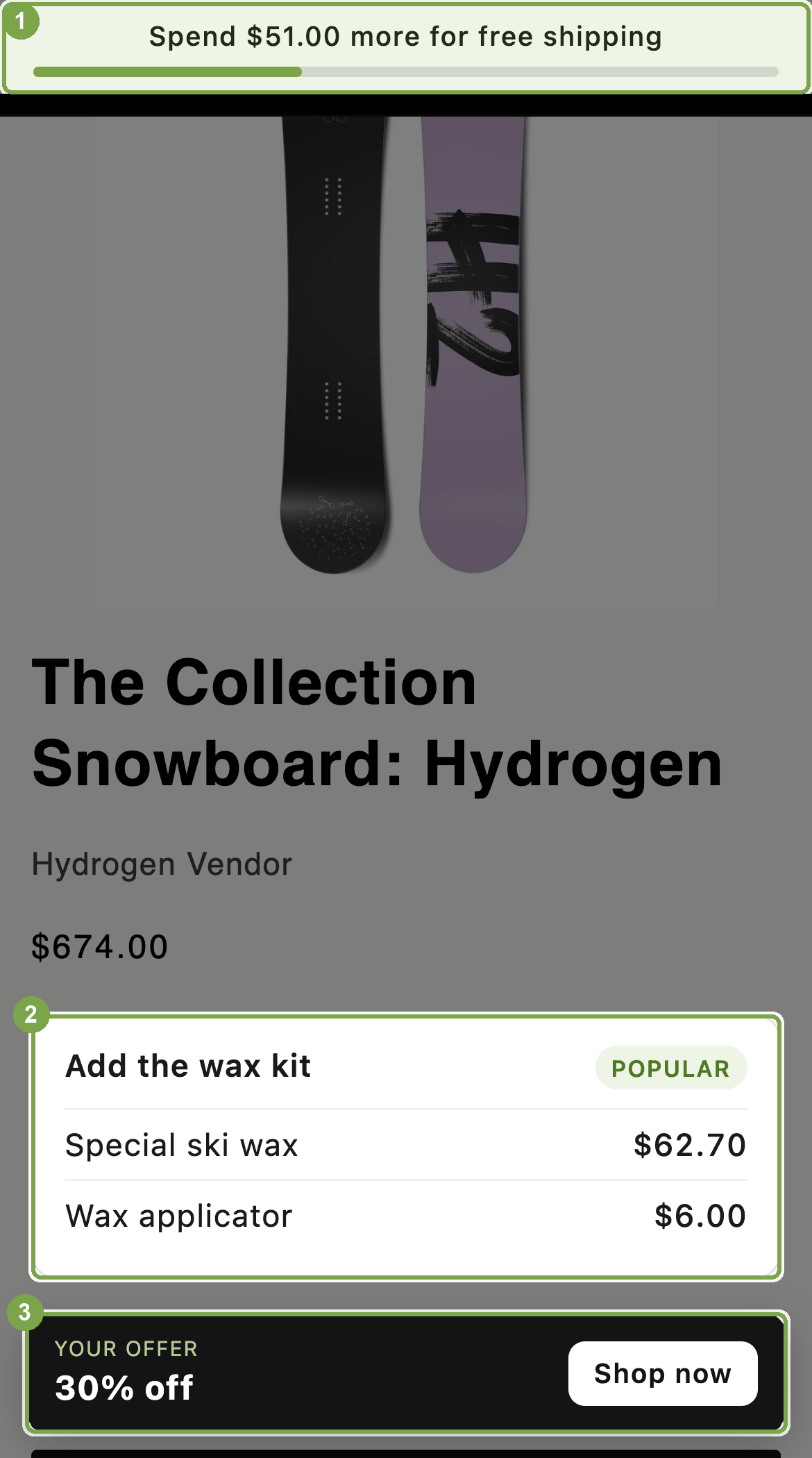 A mobile storefront product page with three script-rendered elements outlined and numbered: a free shipping bar above the header, a bundle block under the price, and an offer banner fixed to the bottom. The rest of the page, which the theme renders, is dimmed.