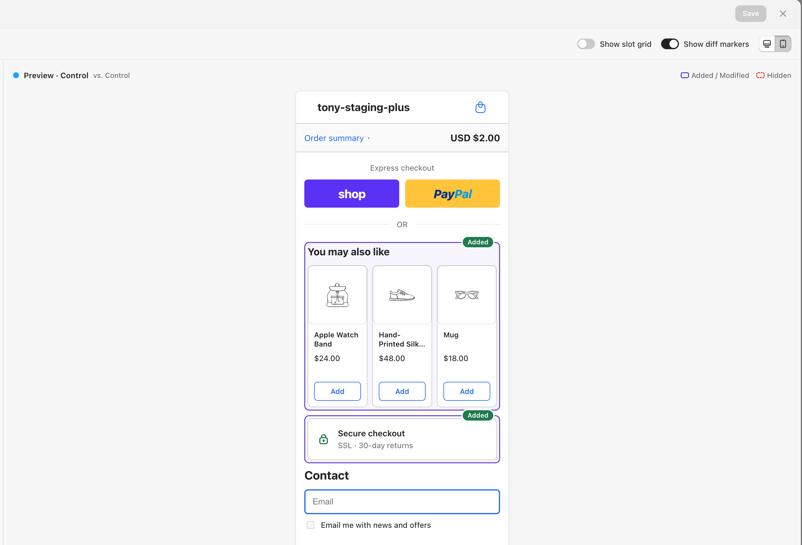 Compose checkout preview in the mobile viewport with a collapsed order summary bar