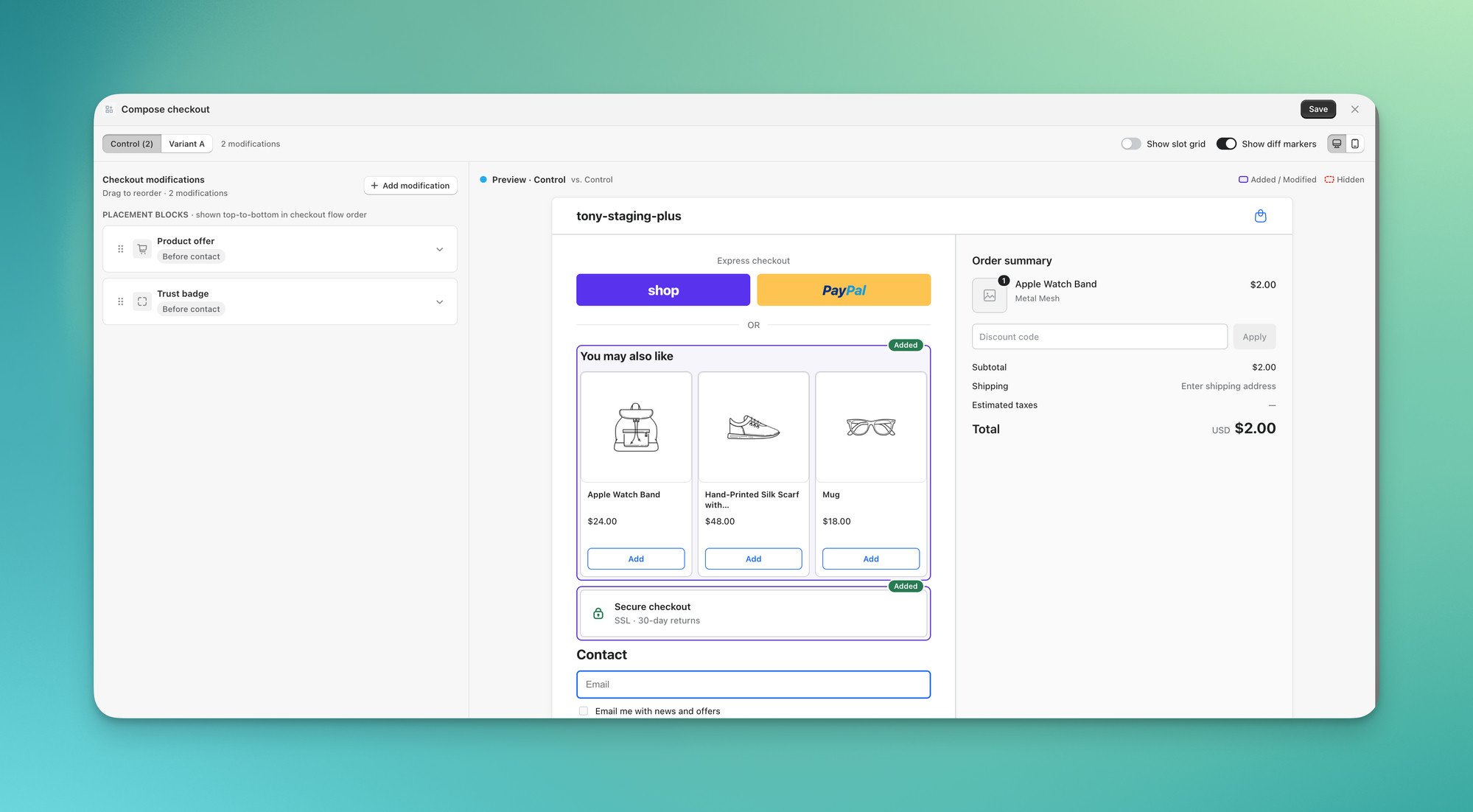 Compose checkout editor showing a live preview with Added badges on an upsell block and a trust badge