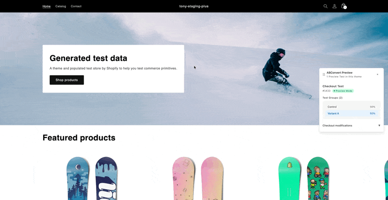 Storefront homepage with the ABConvert Preview widget showing the checkout test groups Control and Variant A at a 50/50 split