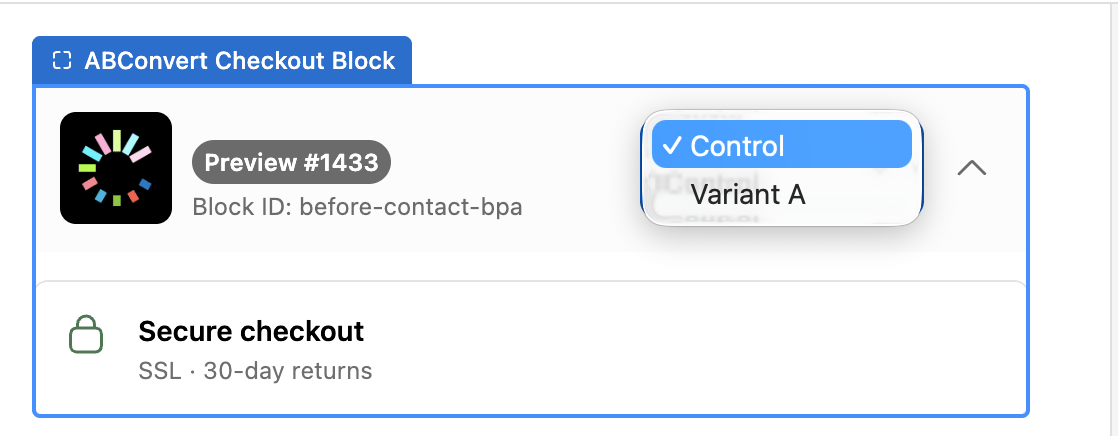 ABConvert Checkout Block Preview header with a Variant dropdown showing Control and Variant A