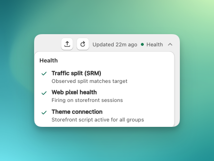 Health popover showing passing checks for Traffic split (SRM), Web pixel health, and Theme connection