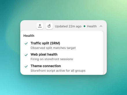 Health popover showing passing checks for Traffic split (SRM), Web pixel health, and Theme connection