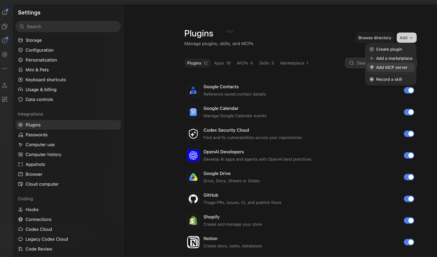 Plugins settings with Add MCP server selected in the Add menu