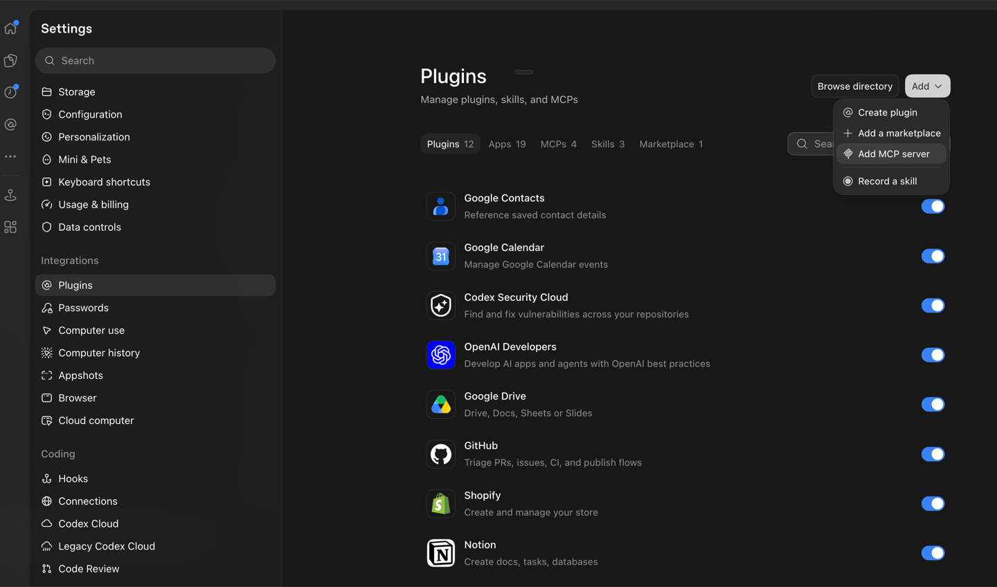 Plugins settings with Add MCP server selected in the Add menu