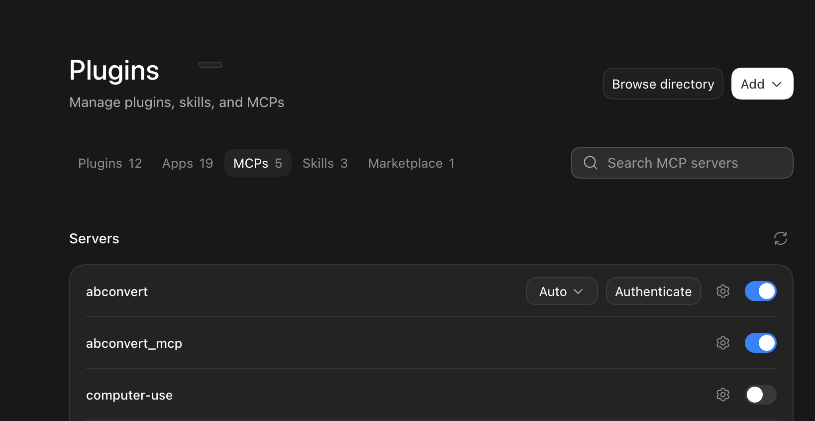 MCP server list showing an Authenticate button for ABConvert